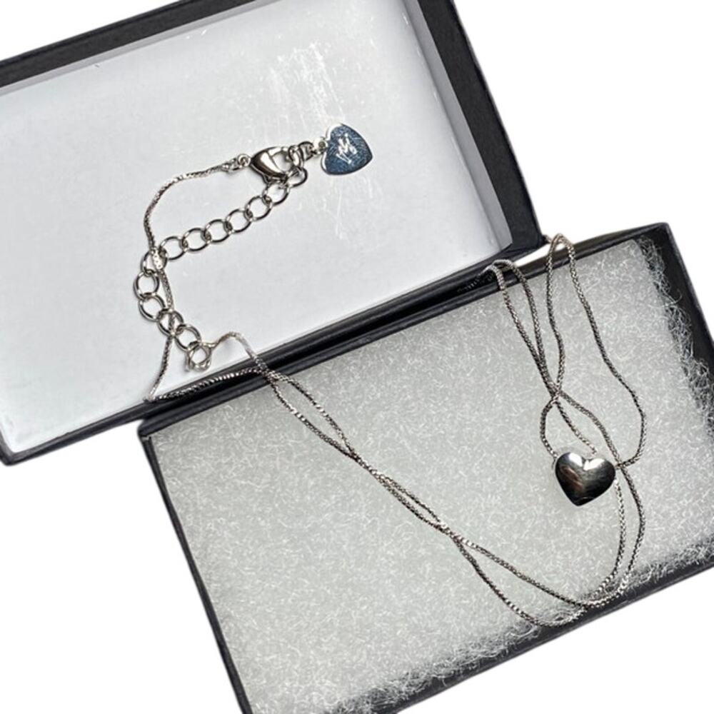 Silver Puffy Heart Charm Necklace - Adjustable Link Chain
